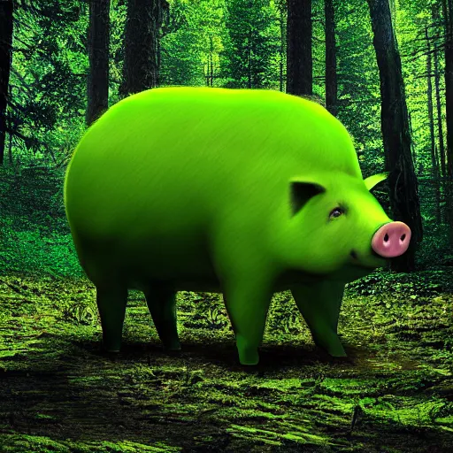 Prompt: a oversized pig with green radioactive skin standing in a forest clearing, digital art