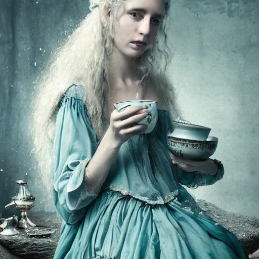 Prompt: A 18th century, messy, silver haired, (((mad))) elf princess, dressed in a ((ragged)), wedding dress, is ((drinking a cup of tea)), in her right side is a porcelain tea set. Everything is underwater. Mystical, dreamlike, atmospheric, scarry, greenish blue tones, theatrical, (((underwater lights))), high contrasts. fantasy concept art by Henry Meynell Rheam, Monet, and John Everett Millais