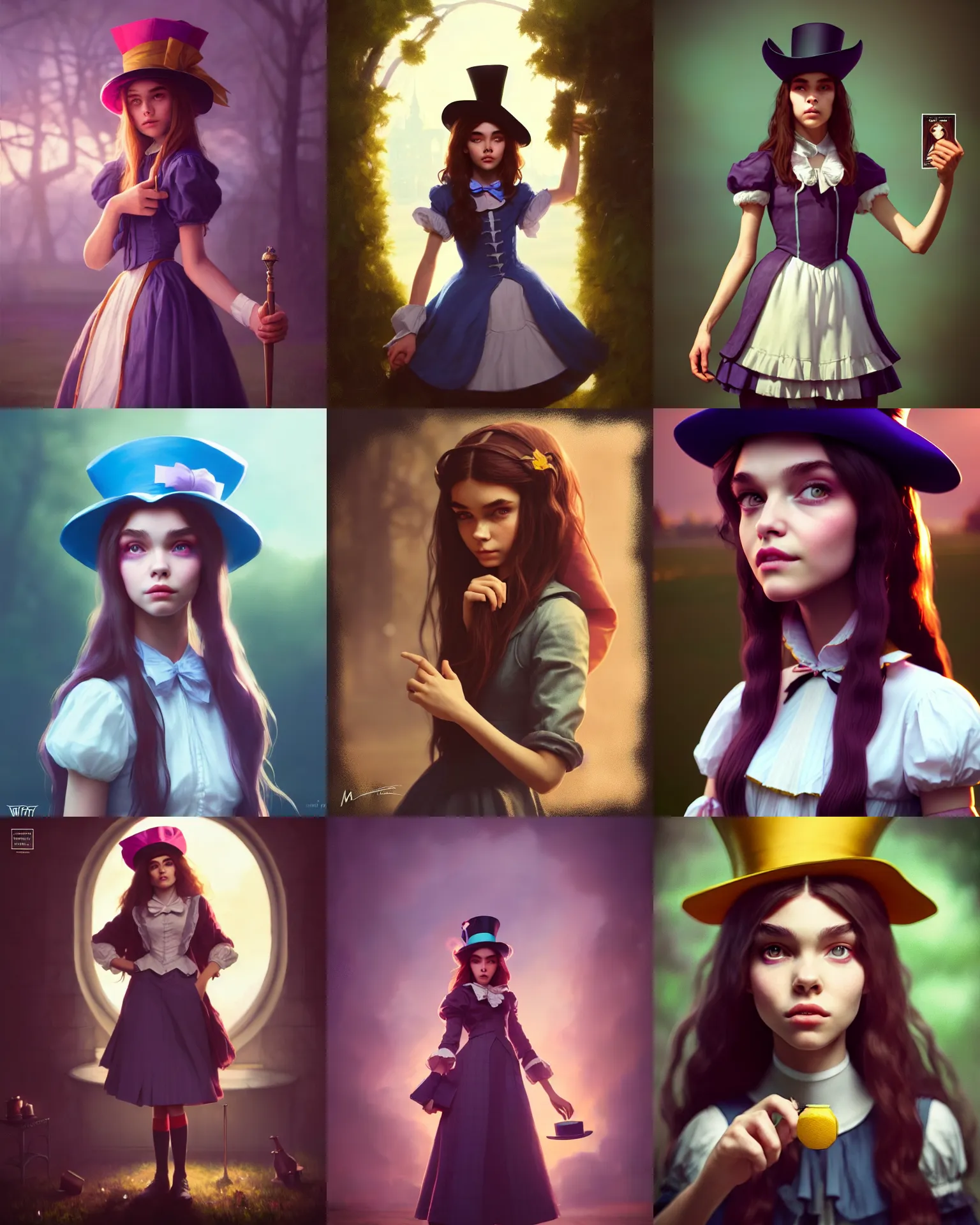 Prompt: madison beer : : young woman : : as madeline hatter by marvel trading card : : by greg rutkowski, wlop, instagram, unreal engine, blender render, : :