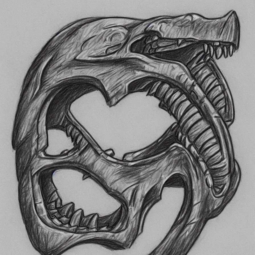 Image similar to pencil sketch of a stylized dinosaur skull symbol