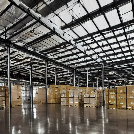 Prompt: professional photograph of industrial warehouse with bright overhead lights, and a forest growing inside of it