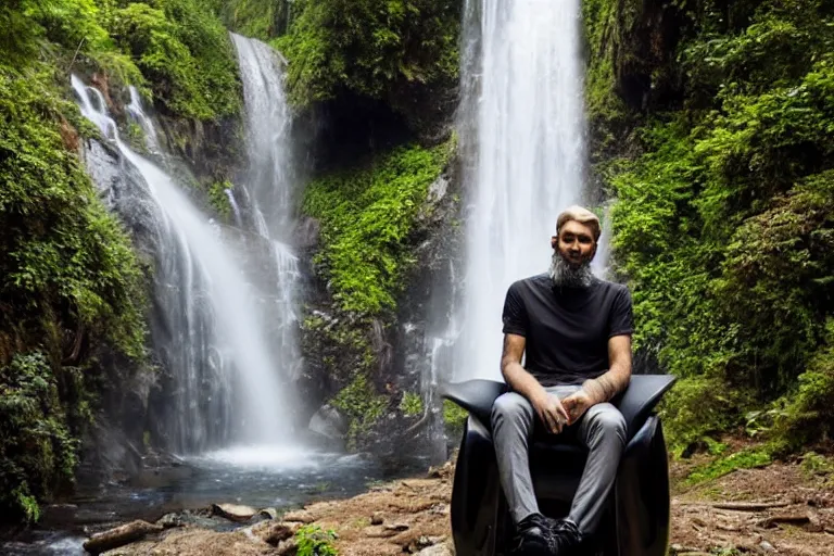 Image similar to young man with a grey beard in a cyberpunk suit sitting on a futuristic chair at the edge of a jungle waterfall