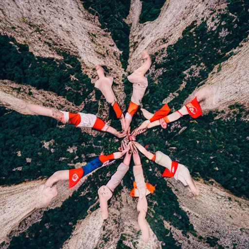 Image similar to Aerial photograph of sikkim people holding hands in a circle on top of a mountain, realistic