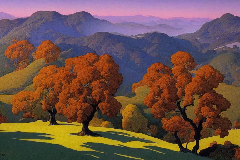 Prompt: masterpiece painting of oak trees along the ridge at dawn, by a. j. casson and john watkiss and edward okun and dan munford and maxfield parrish and kelly freas and j. c. leyendecker