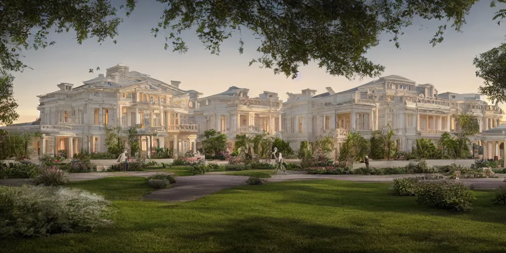 Prompt: 3d rendering of beautiful nature meets neoclassical architecture concept of a residential community by Des Ewing Architects, volumetric lighting,, luxury, high detail, 14mm, cinematic photography, cg architects, featured in Open House magazine, high resolution