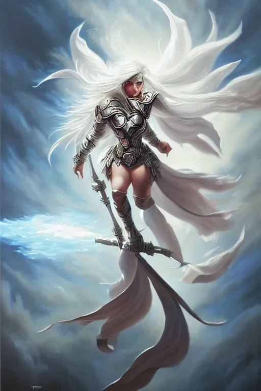 Prompt: oil painting, white, sakimi chan, fantasy armor, detailed face, flying, tony sart, wind, lightning, dramatic lighting