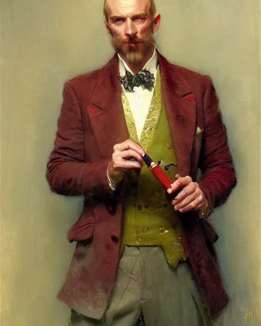 Image similar to handsome gaunt man with receding hair, in a smoking jacket, holding a pipe, warm colors, hard angles, painting by gaston bussiere, craig mullins, j. c. leyendecker