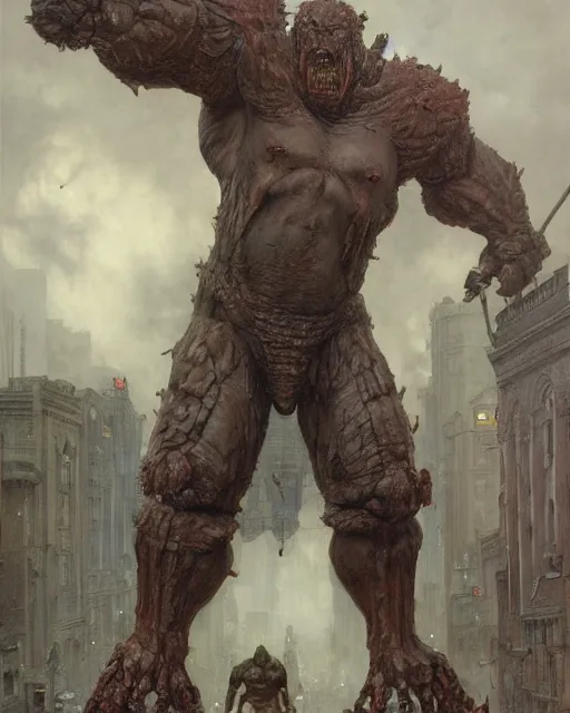 Image similar to full body portrait of martyn ford as huge towering bipedal horror beast with bulbous froglike torso fiery hair wearing armour walks down city street, people flee, painted by ruan jia, raymond swanland, lawrence alma tadema, zdzislaw beksinski, norman rockwell, jack kirby, tom lovell, alex malveda, greg staples