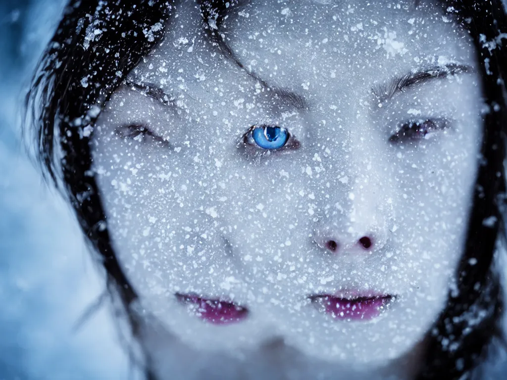 Prompt: the piercing blue eyed stare of yuki onna, mythology, freezing blue skin, mountain blizzard and snow, canon eos r 6, bokeh, outline glow, asymmetric unnatural beauty, blue skin, centered, rule of thirds