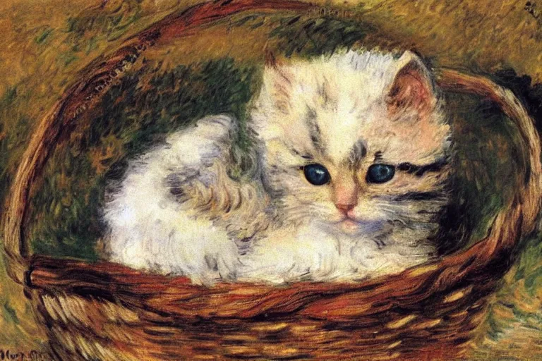 Image similar to a perishing cute kitten coiled up in a basket, snowy outside by Monet, Manet, Renoir