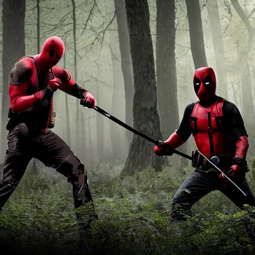 Prompt: jason voorhees fighting with deadpool in the woods digital art 4 k detailed super realistic