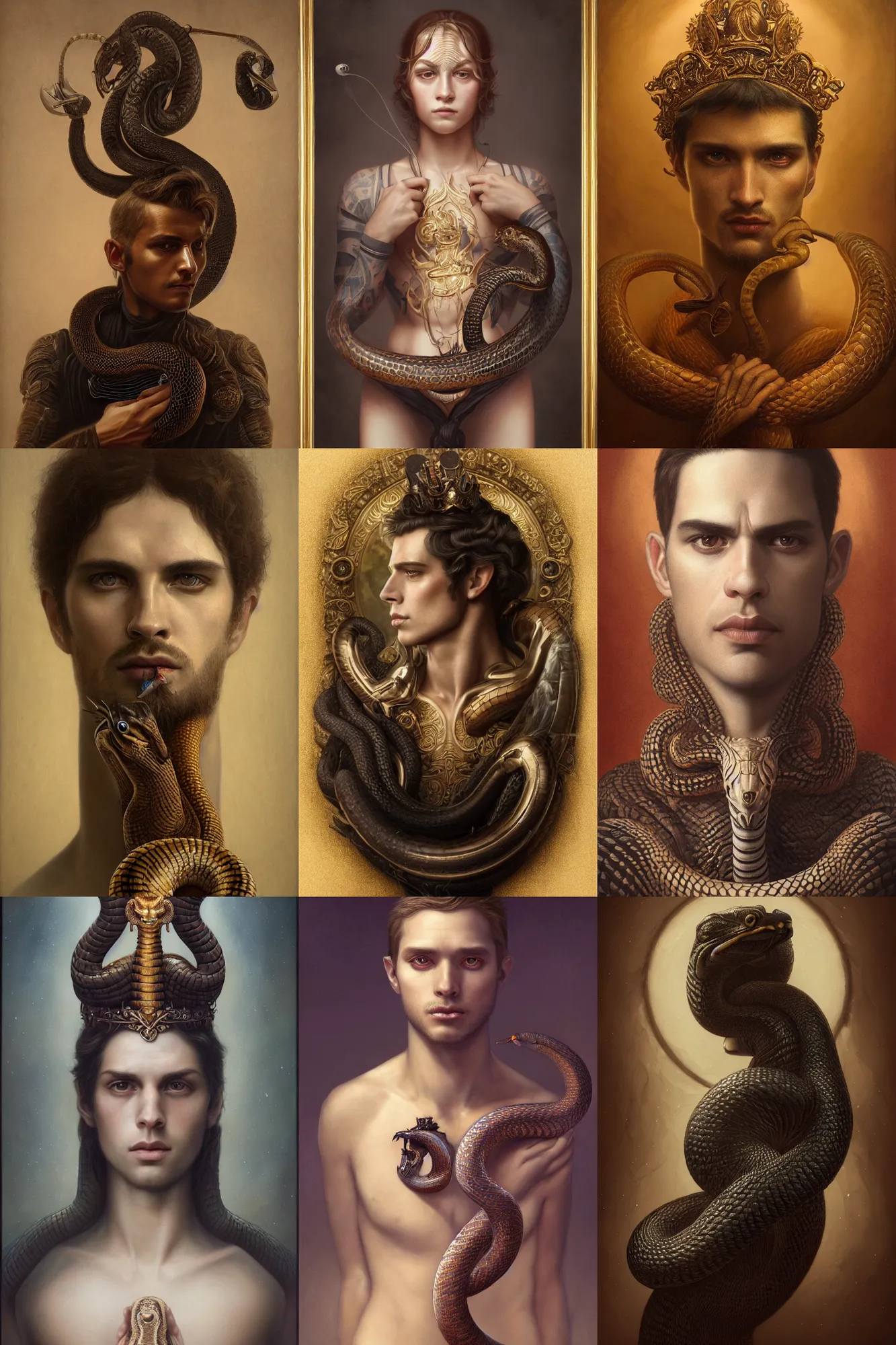 Prompt: a beautiful ultra detailed fine art portrait of a man with a king cobra surrounding him, by tom bagshaw and anna dittman, studio lighting, golden ratio composition, 3 5 mm lens, deep depth of field, artstation, 8 k