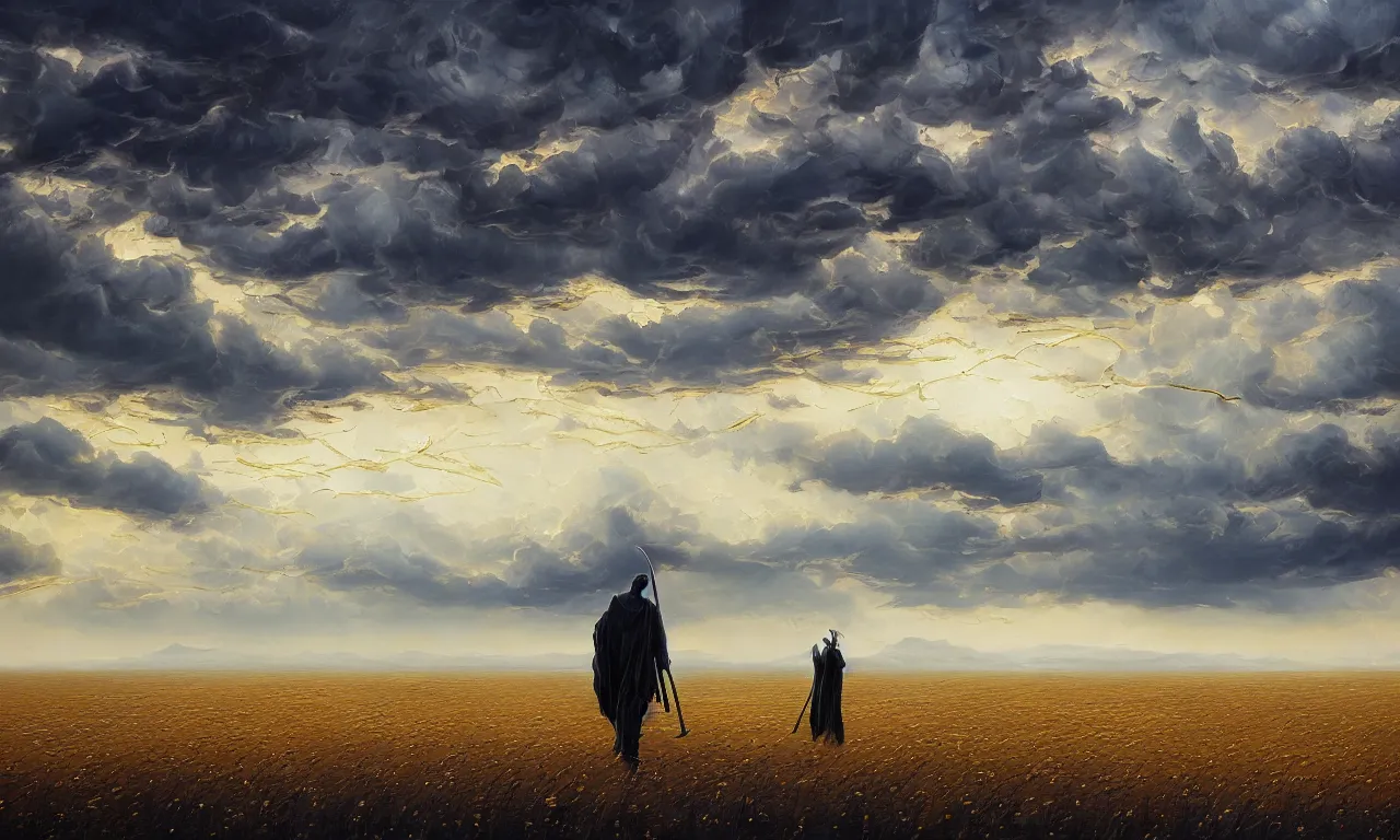 Image similar to breathtaking oil painting with palette knife of a plains landscape in luxurious nature, with intricate art nouveau moody dark tumultuous clouds, at dawn with golden petals flying, grim reaper silhouette with scythe, concept art, matte, by krista schumacher and georgia hart,