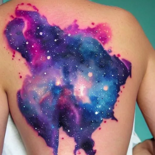 Image similar to A galaxy wolf shaped nebula watercolor tattoo, advanced,