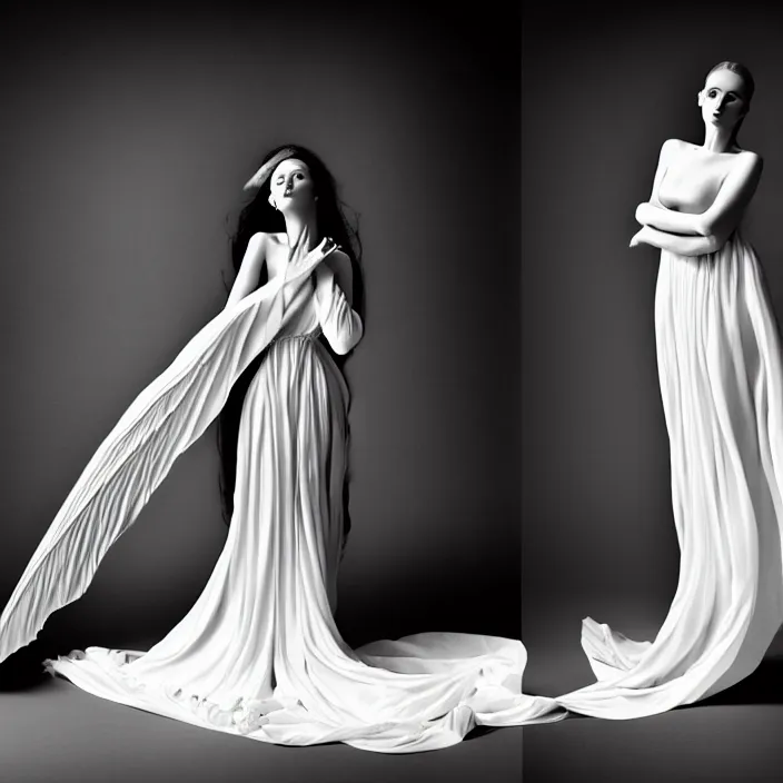 Image similar to portrait of a beautiful woman like a fallen angel, total body dressed in long elegant intricate ornamental white dress, smooth, sharp focus, fine art photography by Giovanni Gastel, professional studio lighting, volumetric lighting, dark colors , hyper realistic photography , in style of Vogue Fashion magazine