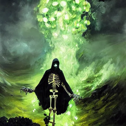 Prompt: A highly detailed oil painting by Greg Rutkowski and Afremov of a skeleton wearing a black cloak making a potion glowing bright green in a huge bubbling cauldron.