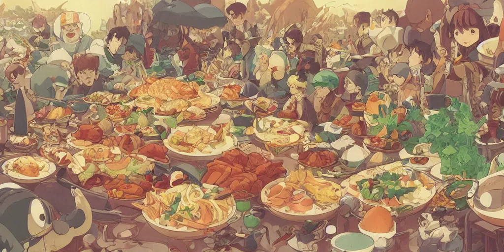 Prompt: A feast for the whole kingdom, very detailed, anime, Delicious, Plump, Juicy, Hot Food, large white border, hd, high resolution print :1 by Sachin Teng, Hayao Miyazaki, Nausicaa, studio Ghibli style, Anime wallpaper, cell shading, trending on deviant art :1