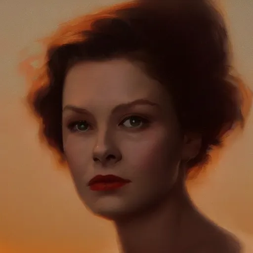 Prompt: closeup portrait of a young vivian leigh, sad face, chiaroscuro, city background, golden hour, dramatic lighting, complementary contrast, high detail, painted by greg rutkowski, painted by igor kieryluk, trending on artstation