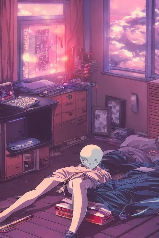 Prompt: anime manga guy laying on floor looking at computer, cluttered 9 0 s aesthetic bedroom, by artgerm, james jean, tom bagshaw, gerald brom, vaporwave colors, lofi colors, vaporwave, lofi, goth vibe, 4 k, smooth, hd, substance designer render, full body character concept art, symmetrical,