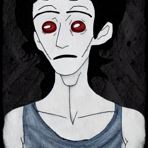 Image similar to young man portrait, black hair, skinny, sleep deprived, corpse bride art style