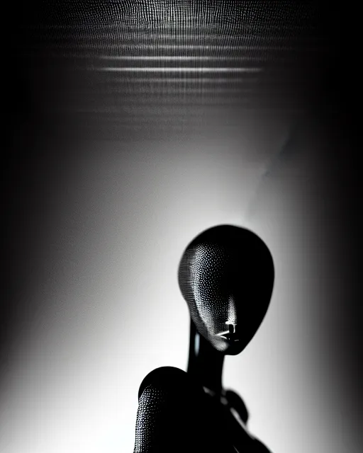 Image similar to black and white high quality photo of a female AI-queen-dragon-meshes-cyborg-doll looking into a sci-fi mirror, volumetric lighting, brutalism, foggy, dreamy, hyperdetailed, bokeh, photorealistic, cinematic, masterpiece, elegant, dark, in the style of Man Ray, octane render, 8K,