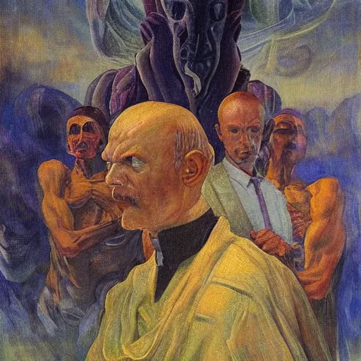 Image similar to a symbolist painting of a powerful alien president in the style of Jacek Malczewski, corrupt power