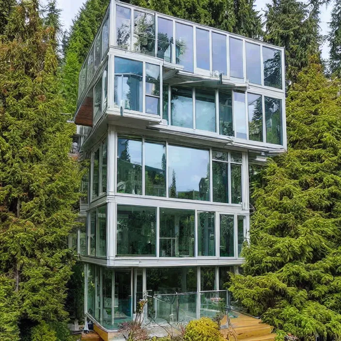 Prompt: glass house on stilts at 2875 adanac.st vanvcouver,british columbia,canada