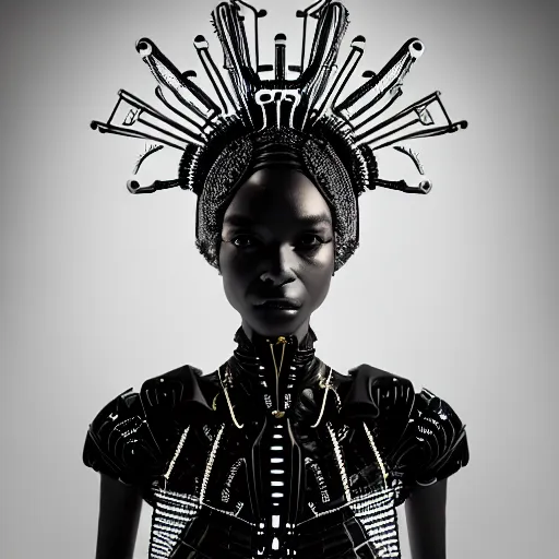 Prompt: portrait of an absurdly beautiful, graceful, sophisticated, fashionable black cyberpunk mechanoid gravure idol, hyperdetailed illustration by irakli nadar, maria borges, matt wisniewski style, intricate linework, dark black skin, neon jellyfish headdress, ivory carved ruff, unreal engine 5 highly rendered, global illumination, radiant light, detailed and intricate environment