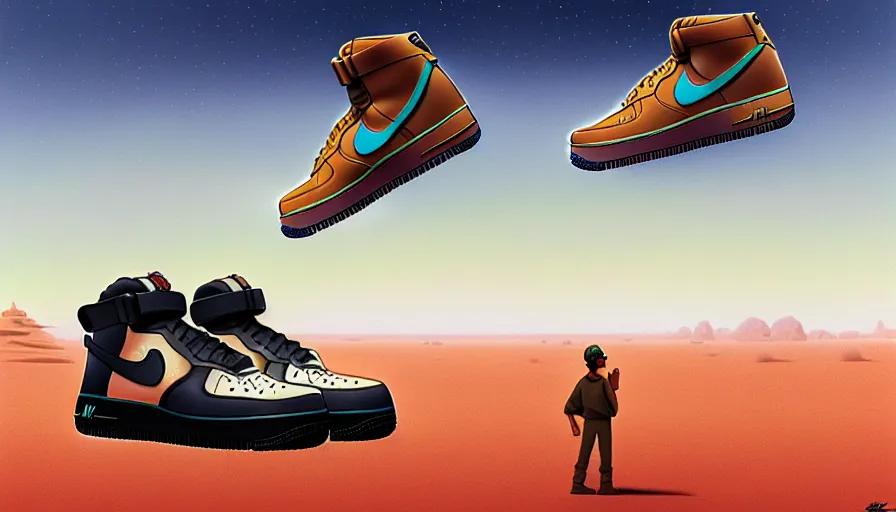 Image similar to a beautiful matte painting of nike air force 1 shoe in desert of morocco, simon stalenhag and jakub rozalski and alan bean, trending on artstation, realistic rendering