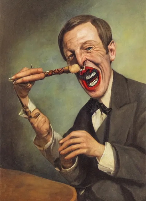 Image similar to Portrait of Duncan Trussel laughing demonically while smoking a pipe. Disturbing