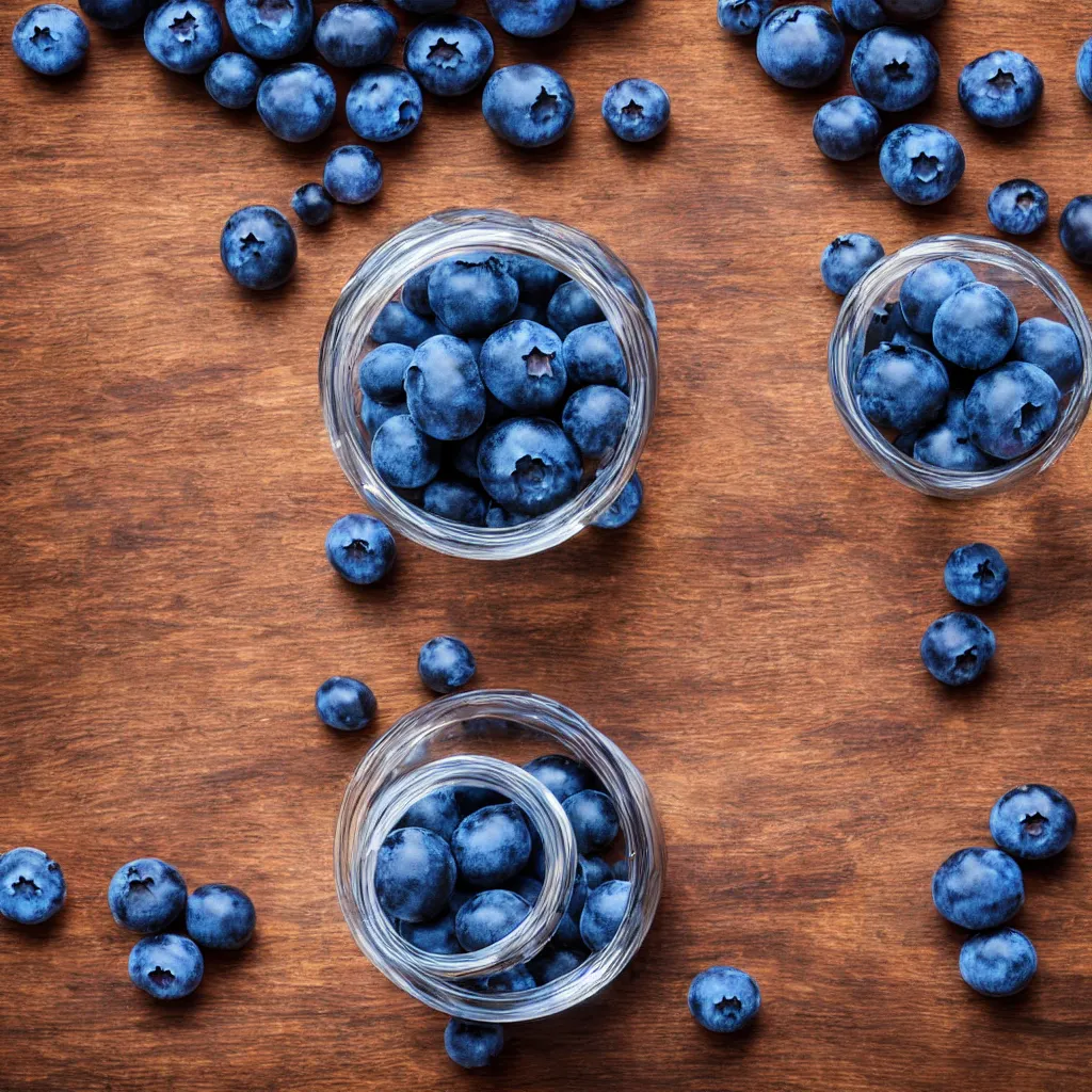 Prompt: large and thick glass bottle on top of a vivid dark wood table, containing blueberries. closeup photography. detailed. masterpiece