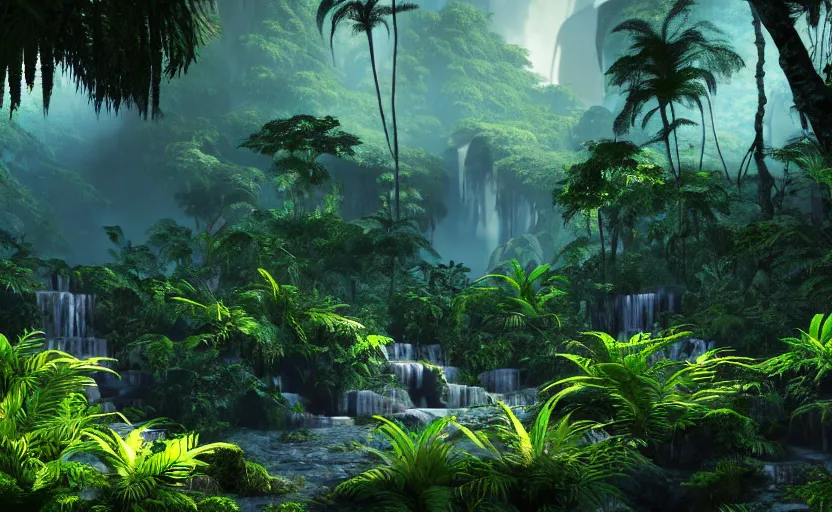 Image similar to a beautiful render of a dark prehistoric rainforest, lush flora, patches of sky, sunset, flying mountains and a waterfall in the background, intricate detail, hazy, humid, volumetric lighting, 8 k, photorealistic, raytracing effects, unreal engine 5