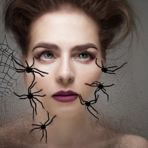 Prompt: a woman's hair infested with spider's, portrait photography