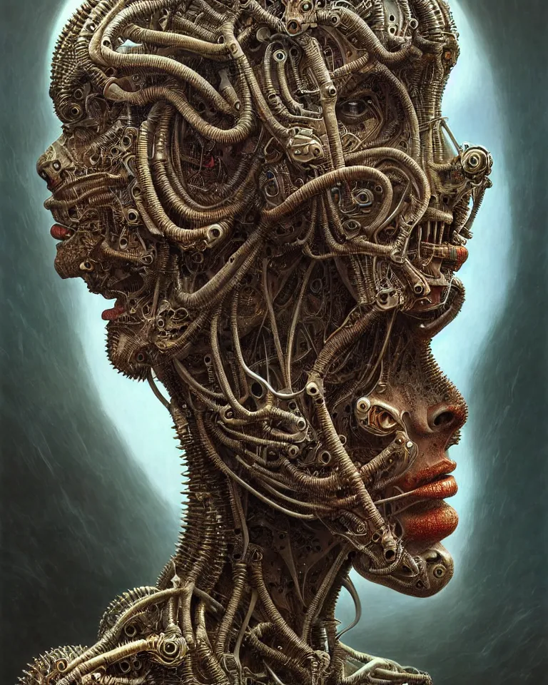 Prompt: ultra realist intricate detailed portrait of an attractive female turning into a cyborg in an alien landscape, insanity, accurate features, apocalyptic, very intricate details, 8 k resolution, dim lighting, volumetric lighting, artstyle, zdzisław beksinski and keith thompson, award winning