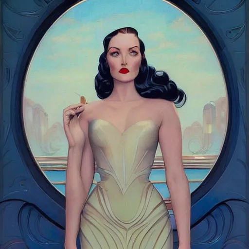 Prompt: a streamline moderne!, art nouveau, ( ( dieselpunk ) ) painting in the style of charlie bowater, and in the style of donato giancola, and in the style of charles dulac. symmetry, smooth, sharp focus, dramatic lighting, semirealism, hyperrealism, intricate symmetrical ultrafine background detail.