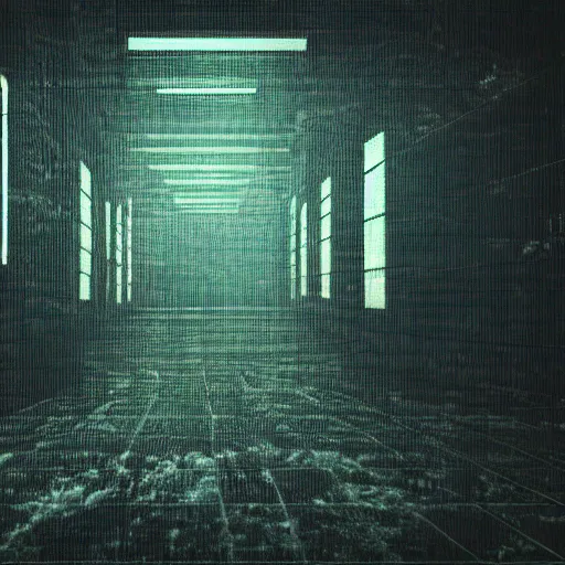 Image similar to cinematic surreal horror movie scene with dark lighting, glitch effects