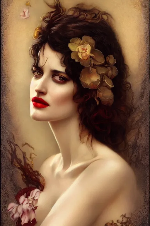 Prompt: Eva Green by Tom Bagshaw in the style of Gaston Bussière, art nouveau