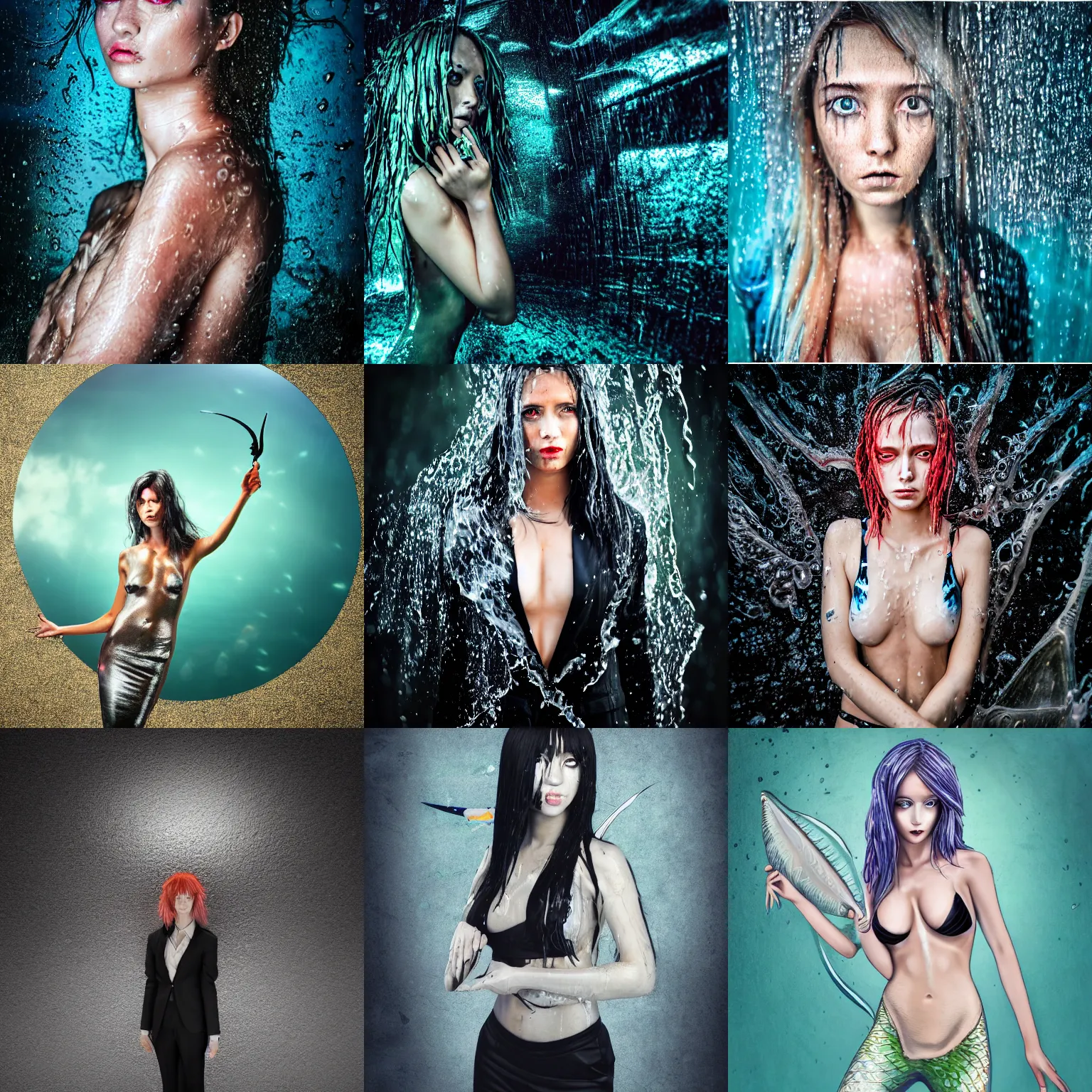 Prompt: Swordfish tropical mermaid in a business suit, grungy, unkept hair, glowing eyes, modelsociety, wet from rain, radiant skin, huge anime eyes, bright on black, dramatic, studio lighting, perfect face, intricate, Sony a7R IV, symmetric balance, polarizing filter, Photolab, Lightroom, 4K, Dolby Vision, Photography Award