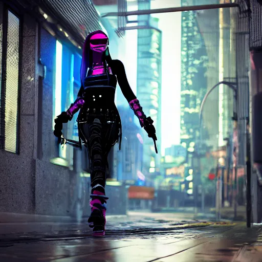 Image similar to photo of a real-life beautiful cyberpunk female ninja