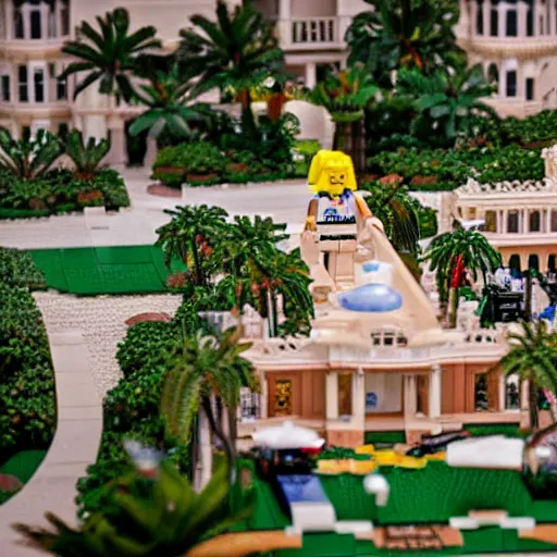 Image similar to mar - a - lago lego!!!!!! set, fbi!!!!!!!! agents on the lawn, raid, tilt shift photography