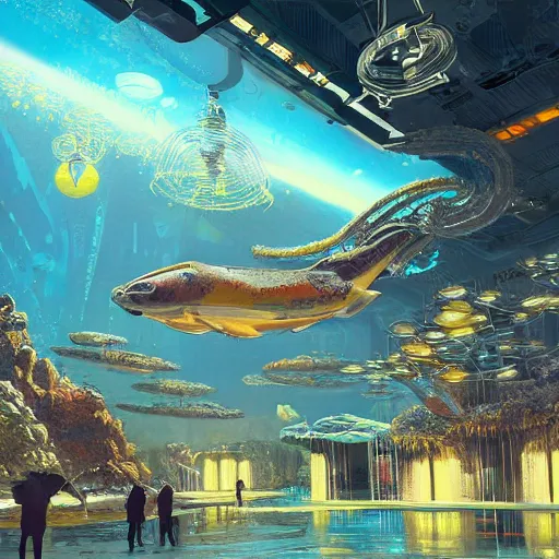 Prompt: painting of syd mead artlilery scifi aquarium with ornate metal work lands in country landscape, filigree ornaments, volumetric lights, simon stalenhag