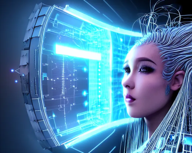 Image similar to cyberhair, complex cyberneticbeings, beautiful hairy cyberhumanoids, cybermagnetosphere, cybernetic ornate hair, love, joy, vortexes, large cyberarrays data holograms, 8 k, ultra hd, light shadows, wet hdr refractions, *, * * *, * * * * *