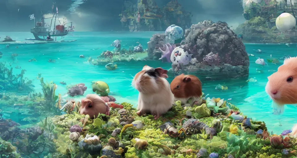 Prompt: hyper realistic cute guineapigs everywhere are swimming under vast sea, by simon stalenhag, yoko taro, christian macnevin, wlop and krenz cushart, epic fantasy character art, volumetric outdoor lighting, midday, high fantasy, cgsociety, cheerful colours, full length, exquisite detail, post - processing, masterpiece, cinematic, 4 k, 8 k