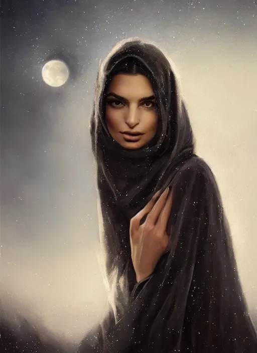 Image similar to detailed portrait of Emily Ratajkowski wearing a cloak over her head, eyes sparkling with starlight a halo of shimmering color around her, the moon in the background, by Jason Jenicke and Jeremy Mann, intricate, beautiful, stylized, detailed, realistic, loose brush strokes, celestial, enduring, captivating, Artstation