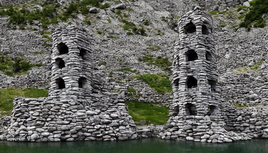 Image similar to stone tower made of individual stones on the mountain river