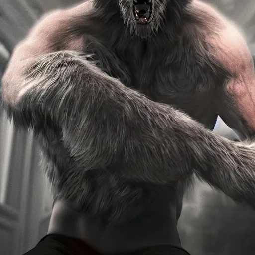 Image similar to man transforming into a werewolf at night with black soft realistic fur, ultra detail, unreal engine, 8 k