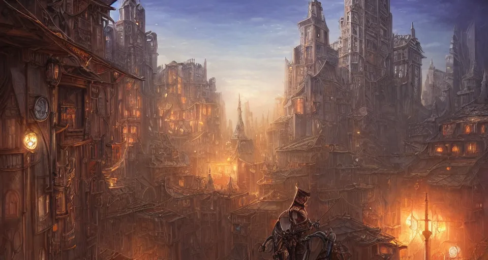 Image similar to landscape painting of fantasy metal steampunk city that has a light blue glow with walkways and lit windows and you can very clearly see a fine detailed hooded thieves in browns leathers climbing one of the tall buildings using a rope, fine details, magali villeneuve, artgerm, rutkowski