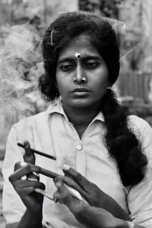 Image similar to portrait of a sri lankan woman smoking cigarette, 8 0's style, high - fidelity