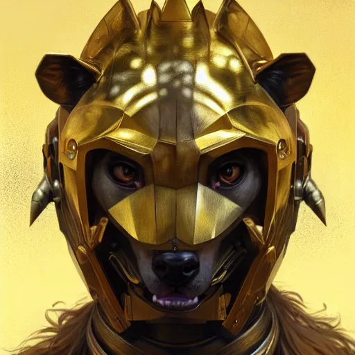 Image similar to photo of a humanoid hyena were a heroic armour an gold helmet in the forest, long hair, highly detailed, digital painting, artstation, smooth, sharp focus, illustration, art by artgerm and greg rutkowski and alphonse mucha