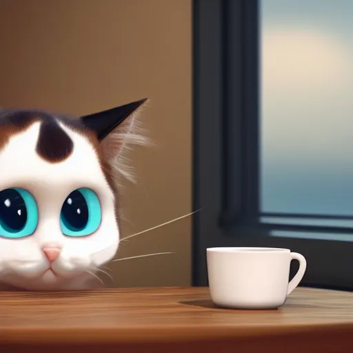 Prompt: A cute 3d render os a cat drinking a cup of coffee, by Pixar, octane render, Raytracing